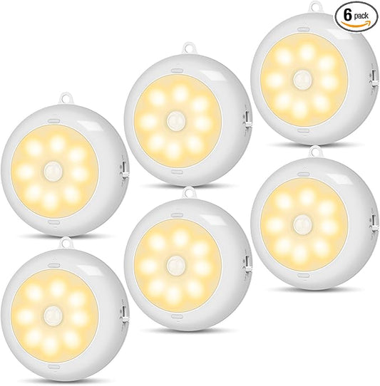 Under Cabinet Lighting, LED Puck Lights AA Battery Operated, Closet Lights Motion Sensored for Kitchen, Shelf, Dimmable & Magnetic, 3000K Warm White (6 Pack)