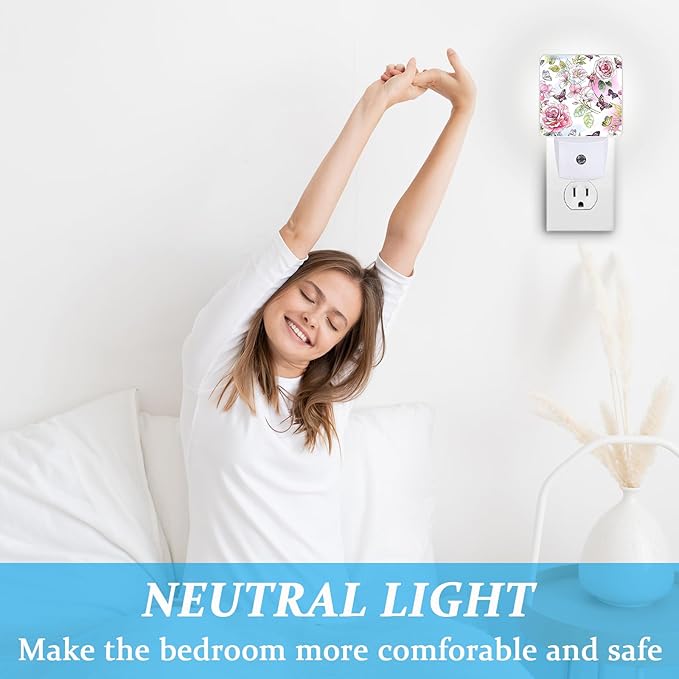 Peony Flower Night Light, Plug-into Wall Butterfly Spring Rose Wild Floral Plant Nightlight Lamp with Dusk to Dawn Sensor, Led Lamp 0.5W Energy Efficient for Boys Girls Adults Home Decor