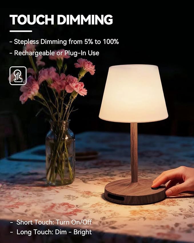 Outdoor Waterproof Shower Lamp, 5200mAh Cordless Rechargeable Table Lamp with Touch Dimming, IP65 Wireless LED Night Light for Patio, Camping, Bathroom, Restaurant & Kitchen