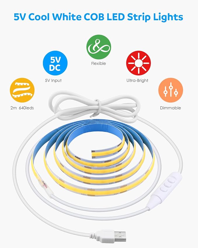 Aclorol 5V USB Powered Dimmable COB LED Strip Light 6.56FT Cold White LED Strip Light for Bedroom Dotless 640LEDs Tape Light for TV Backlight Roof Under Cabinet Wardrobe Mirror Lighting 6000K CRI85+