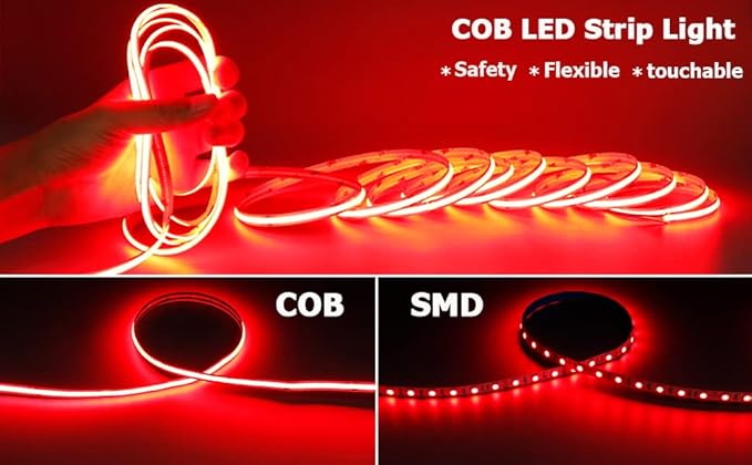 TOPAI 24V Red COB LED Strip Waterproof IP65 Outdoor 16.4ft Super Bright Dotless High Density 480LEDs/M Cuttable Flexible LED Tape Light for Cabinet Home DIY Lighting Projects