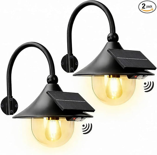 Moodyfei 2 Pack Solar Barn Lights Outdoor: Motion Sensor with 3 Lighting Modes - Wall Mount Vintage Light - Waterproof Sconce for Porch Shed Patio Garden Chicken Coop