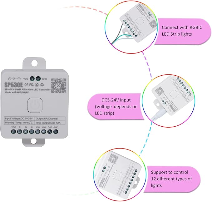 SP530E WiFi Alexa Voice Controller, Ws2812b Ws2811 Led Lights Controller, RGB RGBW RGBCCT Bluetooth Controller 5V-24V, LED Pixel Light Controller for WS2813 WS2815 SK6812