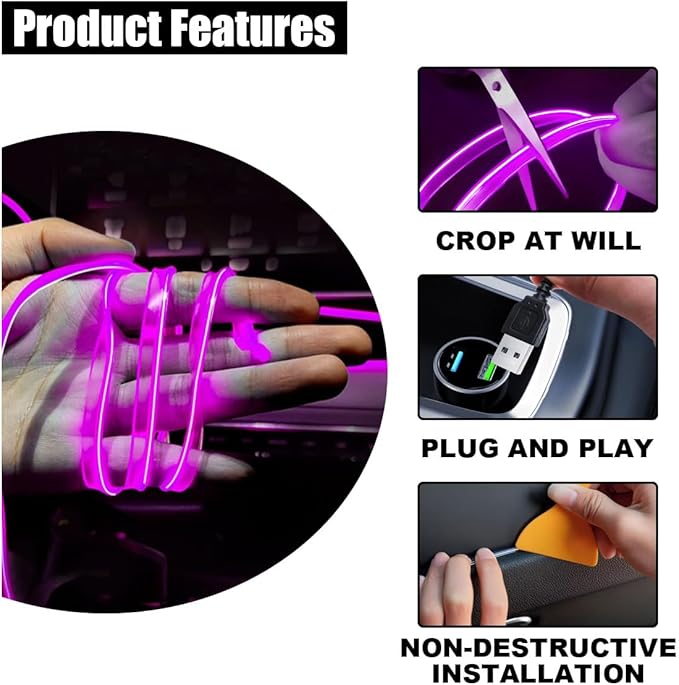EL Wire Interior Car LED Strip Lights, USB Car Neon Light Strip with Sewing Edge, 16FT Neon Light 5V with Fuse Protection, Electroluminescent Car Indoor Decorations (Purple)