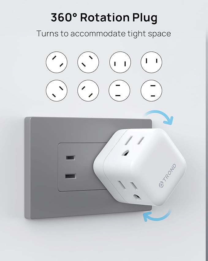 TROND 2 to 3 Prong Outlet Splitter 2 Pack, 3 Way Plug Extender with 360 Rotating Plug, US to Japan Power Adapter for Travel, 3 Prong Adapter for Non-grounded Outlet in Old House
