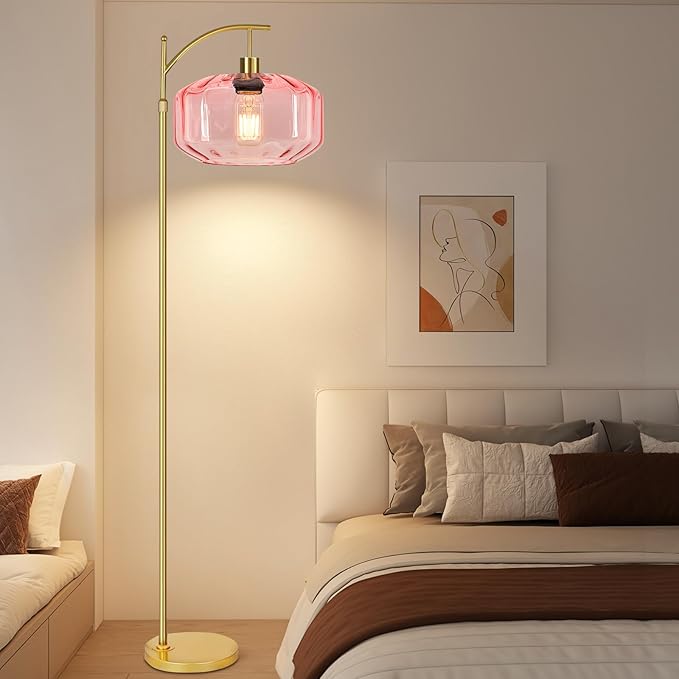 Vintage Floor Lamps for Living Room Glass Floor Lamp with Remote Control & 3 Color Temperature,Dimmable Floor Lamp Gold Mid Century Modern Standing Lamp Brass Tall Pink Floor Lamps for Bedroom Corner