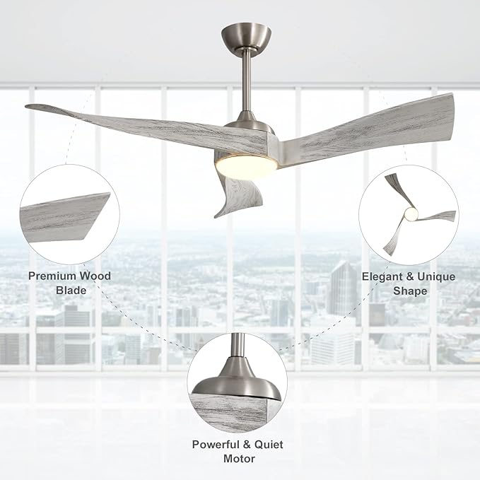 52 inch Ceiling Fans with Lights Remote Control,3 Wood Blades Outdoor Ceiling Fan, Dimmable LED Reversible DC Motor,Silver