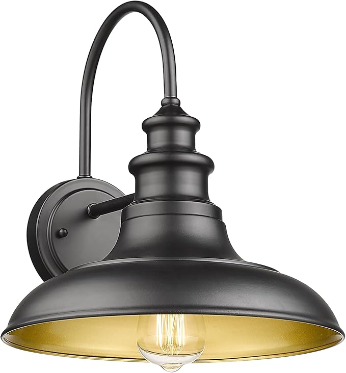 Outdoor Barn Light Fixture, 12.3 Inch Large Dome Farmhouse Wall Mount Light Gooseneck Wall Sconce Exterior Wall Lighting Fixture Industrial Black Finish Lantern for Porch with Gold Interior, 1pack