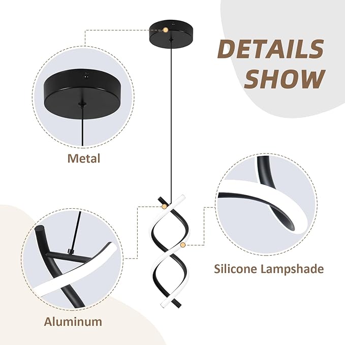 CANEOE Spiral Led Pendant Light Fixture,15W Dimmable Modern Integrated LED Pendant Lamp, Adjustable Height Kitchen Island Hanging Light Fixture for Living Room Bedroom Kitchen Sink, 1 Pack (Black)