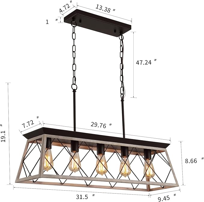 Q&S Dining Room Chandelier Light Fixtures,Farmhouse Rustic Vintage Antique Linear Chandeliers Pendant Ceiling Light Fixture for Kitchen Island Bar Office Coffee Shop 5-Lights Oak and ORB UL Listed
