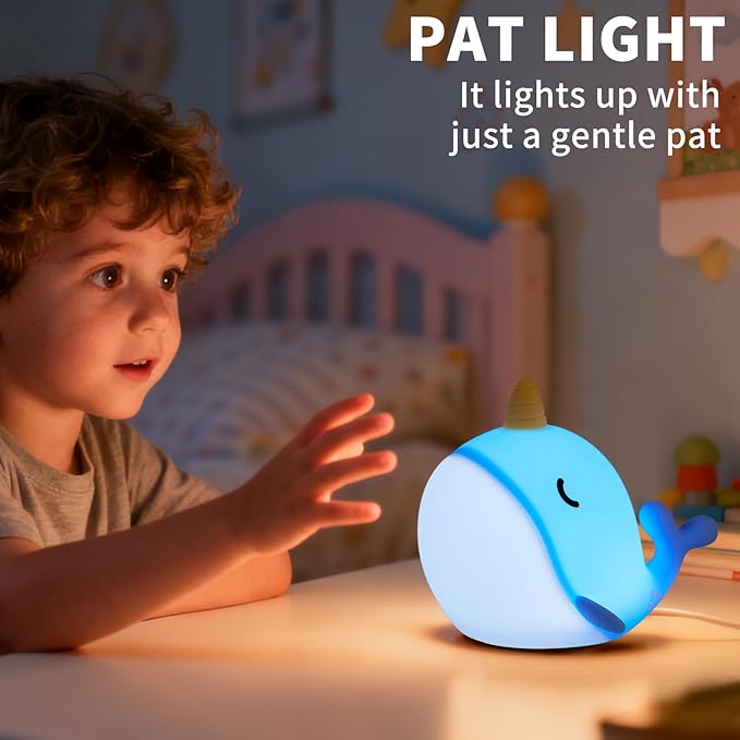 Narwhal Night Light, USB-C Rechargeable Tap Control Lamp with 3-Level Dimming & 30-Min Auto Timer, 7-Color Changing Squishy Silicone Nursery Light, Birthday Gift for Kids