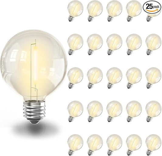 G40 LED Replacement Light Bulbs,25 Pack E12 Screw Base Clear Globe Bulbs for Outdoor String Lights,0.6W Shatterproof Dimmable Light Bulbs for Indoor Outdoor Patio Decor,Warm White