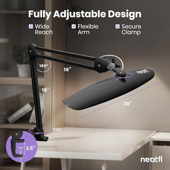 Neatfi XL 2200 Lumens 24W LED Desk Lamp with Clamp - Shadow-Free Task Lighting | 4-Level Dimming | Home Office & Crafts Use | 20-Inch Wide Head (Non-CCT, Space Gray)