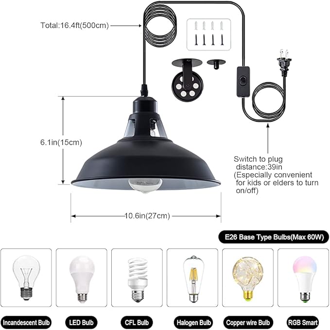 Plug in Pendant Light Industrial Pulley Pendant Lamp E26 Vintage Hanging Light Fixture With 16.4ft Cord On/Off Switch For Pool Table,Houseplant Grow lights,Kitchen Island,Sink 2 Pack Black