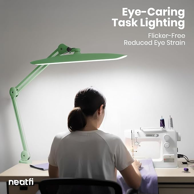 Neatfi XL LED Desk Lamp with Clamp, 2200 Lumens, 24W, 20-Inch Wide Head, Dimmable 4 Brightness Levels, Task Light for Home Office, Crafts, Workbench (Non-CCT, Midnight Green)