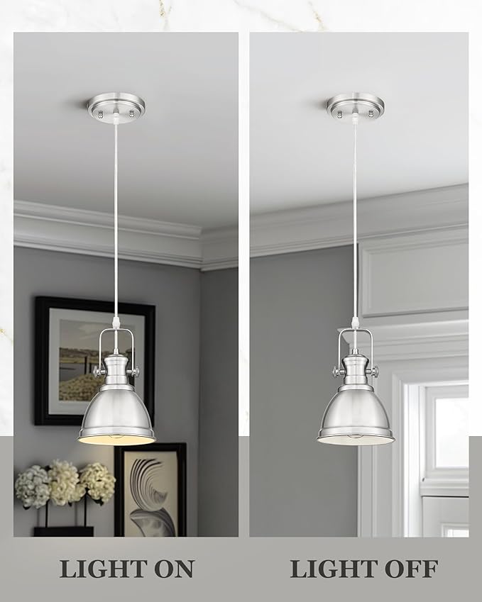 2 Pack Pendant Lights Kitchen Island, Farmhouse Hanging Lights Fixtures with Metal Shade, Rustic Kitchen Pendant Lighting Over Island for Dining Room, Brushed Nickel, AD-2151-1P2-SN