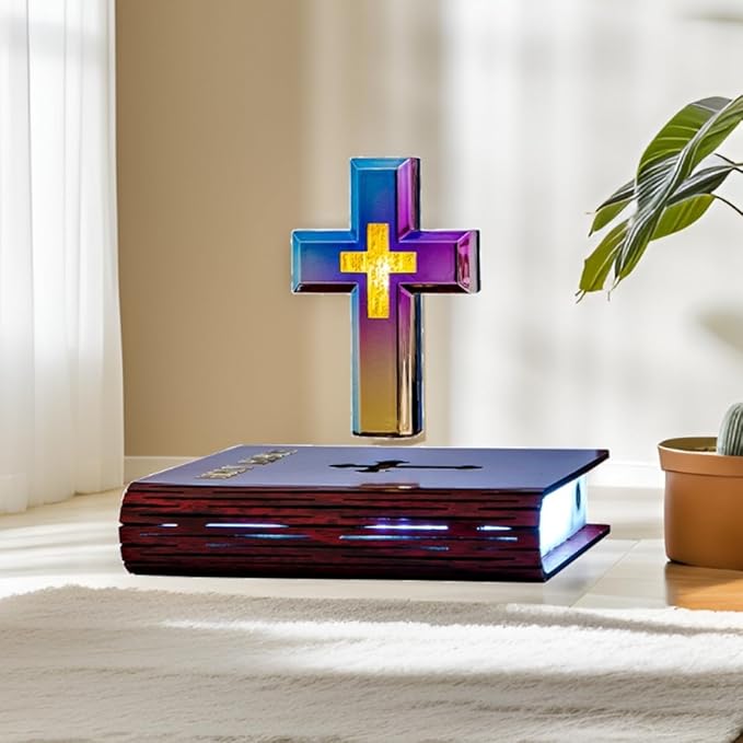 MOOCCI Levitating Cross Lamp Magnetic Floating Bible Night Light Colorful Levitation Cross Ornament with Glowing Base for Home Desk Table Decoration