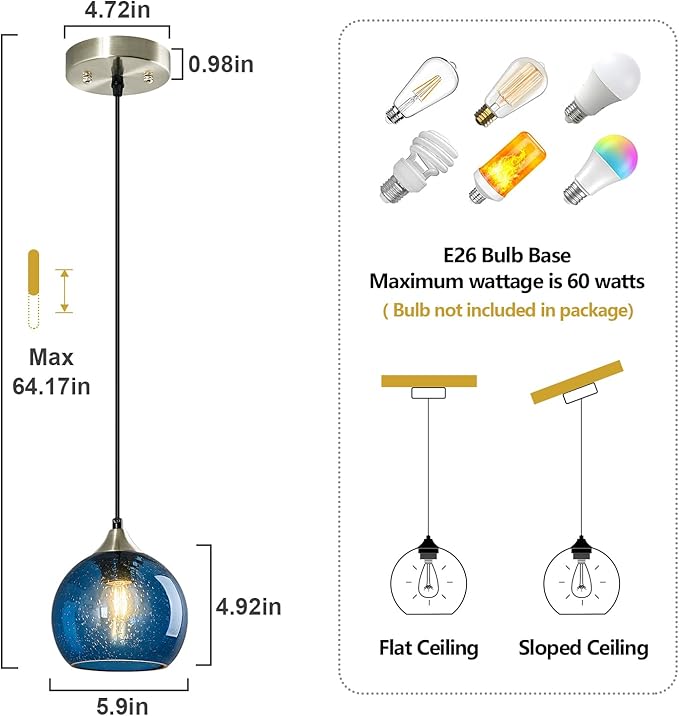 Blue Glass Pendant Lights Kitchen Island Lighting Globe Pendant Light Fixtures Modern Lighting for Kitchen Island Bedroom Living Dining Room (5.9in, 2-Pack)