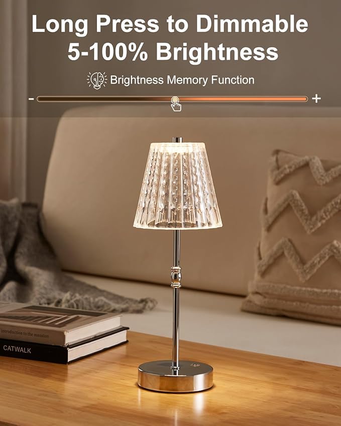 Cordless Table Lamp, 5000mAh Rechargeable Battery Operated Portable Lamp, Dimmable+3 Colors LED Touch Control, Modern Crystal Lamp for Bedroom, Kitchen, Bar, Office