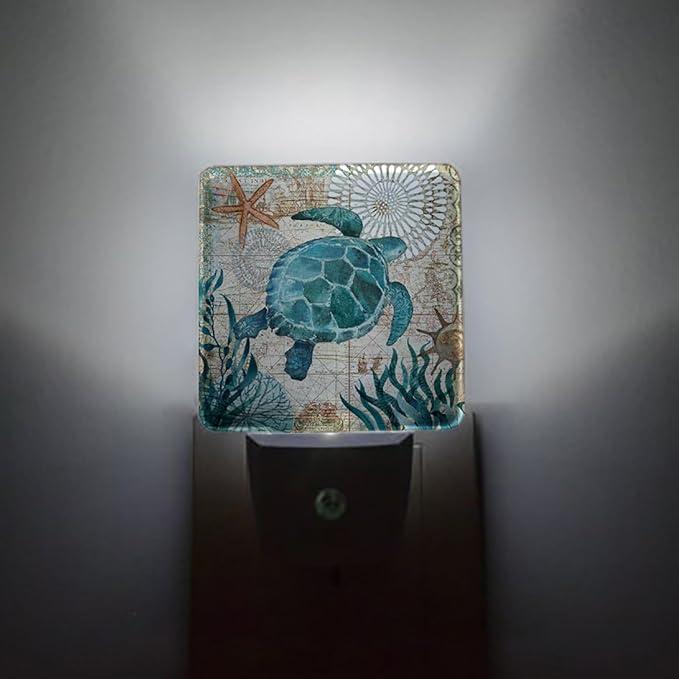 Vintage Ocean Turtle Plug-in LED Night Light,Starfish World Map Auto Dusk to Dawn Sensor Nightlights Plug into Wall,White Energy Efficient Night light for Bedroom,Bathroom,Kitchen,Stairs,Hallway
