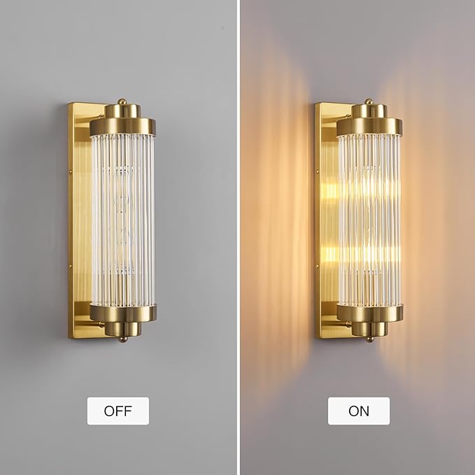 Gold Wall Sconces Set of Two with Crystal Glass Strip Bathroom Sconces Modern Wall Lights for Bedroom Living Room Hallway Wall Light Fixtures, 2 Light E12 Base