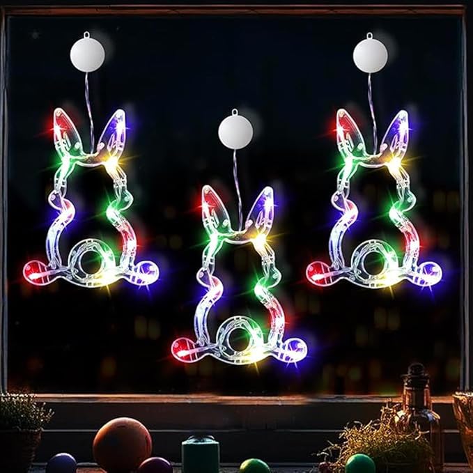 3Pcs Easter Window Lights with Suction Cup,Battery Operated Easter Decoration Hanging Lights,Egg Bunny Shaped Sucker LED Lamp Wedding Birthday Party Supplies for Holiday Indoor Home Decor (White)