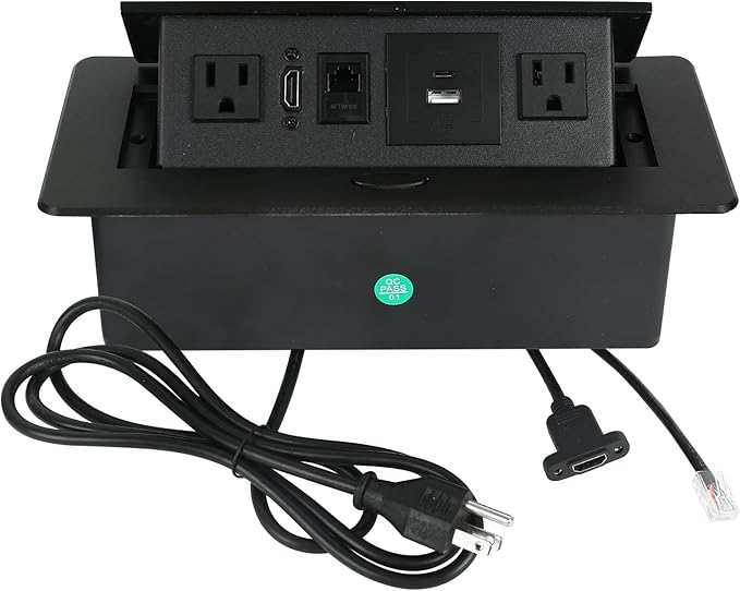 Table Pop Up Outlet,Automatic Pop up Strip Center countertop Socket Recessed Multimedia Strip Socket & USB+ 2AC+ LAN Network Connection Box Desktop HDMI for Conference Desk, Office, Hotel(Black-2)