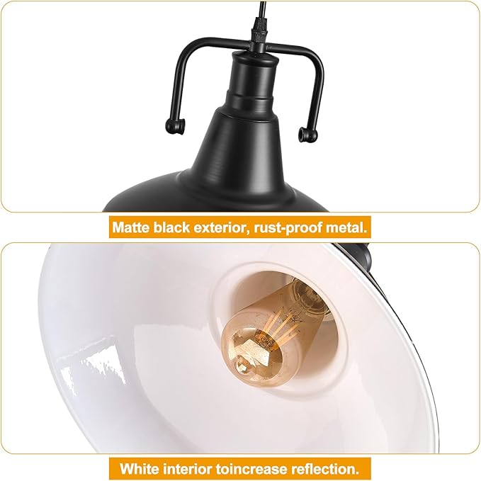 3PCS Farmhouse Pendant Light for Kitchen Island, Black Pendant Lights Fixtures with Metal Shade, Industrial Barn Hanging Lights for Hallway, Kitchen, Sink, Dining Room, Living Room（Bulb not Included）