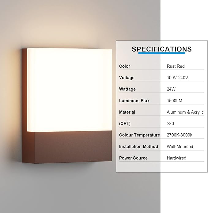 1-Pack Modern Outdoor LED Wall Light,24W 3000K Wall Porch&Patio Light,IP65 Led Exterior Wall Lights Fixtures,Low Profile Wall Sconce for House Yard Garage Walkway Garden(Rust Red)