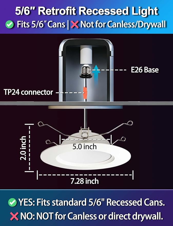 Retrofit LED Recessed Lighting 5/6 Inch, Color Changing, 13W Bluetooth APP Control, Color Temperature Tunable 2700K-6000K, ETL (6 Pack)