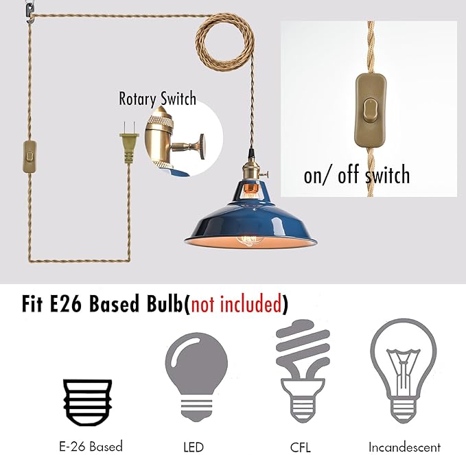 YUBOLE Farmhouse Plug-in Pendant Light-Dark Blue Barn Hanging Light Adjutable Hanging Cord with On-Off Switch Swag Lamp Renter Fridenly for Kitchen Bar Cafe Bedroom Loft