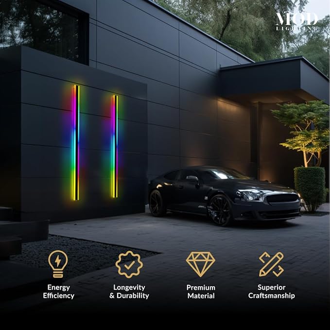 𝗠𝗢𝗗 𝗟𝗜𝗚𝗛𝗧𝗜𝗡𝗚 Haylen RGB | Waterproof Outdoor Wall Lights, Dimmable with Remote, 7 Colors and 358 Light Effects, Long Wall Sconce, Modern Linear Exterior Light Fixture, 1-Pack (RGB | 67")