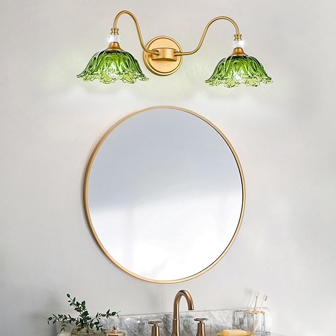 Vintage Bathroom Vanity Light, 2-Light Matte Brass Finish Vanity Light with Floral Green Glass Shades, Retro Wall Sconce for Bathroom, Dressing Table