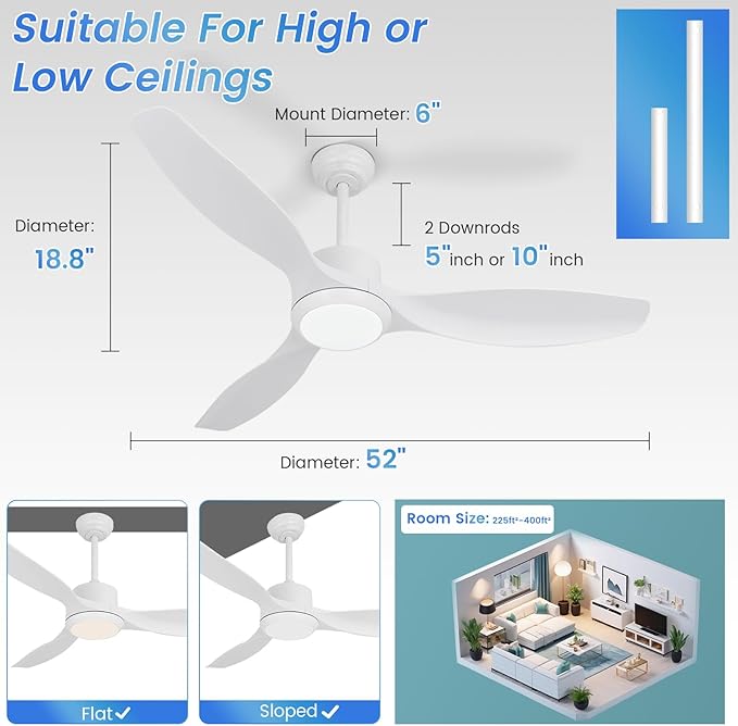 White Ceiling Fan with Light, 52" Outdoor Ceiling Fans with Lights and Remote, 3 Color Light, 6 Speed, DC Motor, for Bedroom/Outdoor/Patios, White