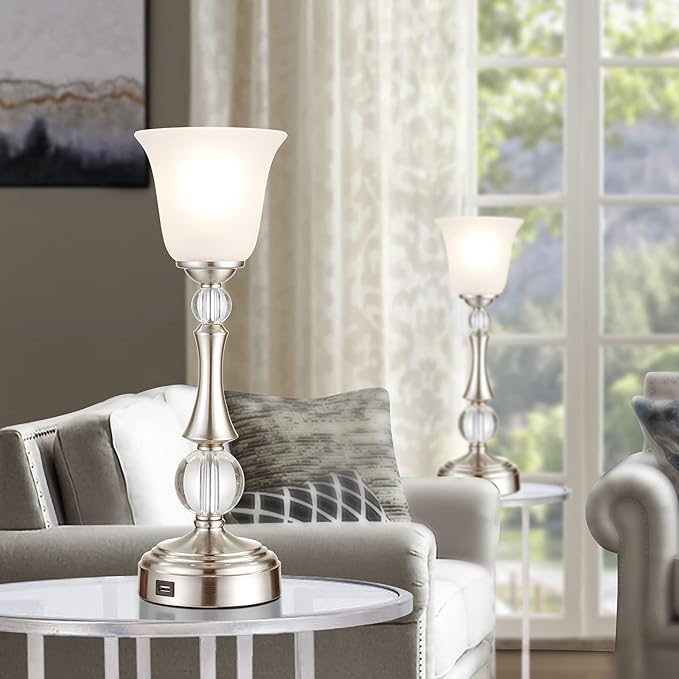 Touch Control Set of 2 Crystal Table Lamps with USB Charging Port, Bedside Nickel Desk Lamp and White Glass Shade for Bedroom Nightstand Living Room Side Table End Table, LED Bulb Included