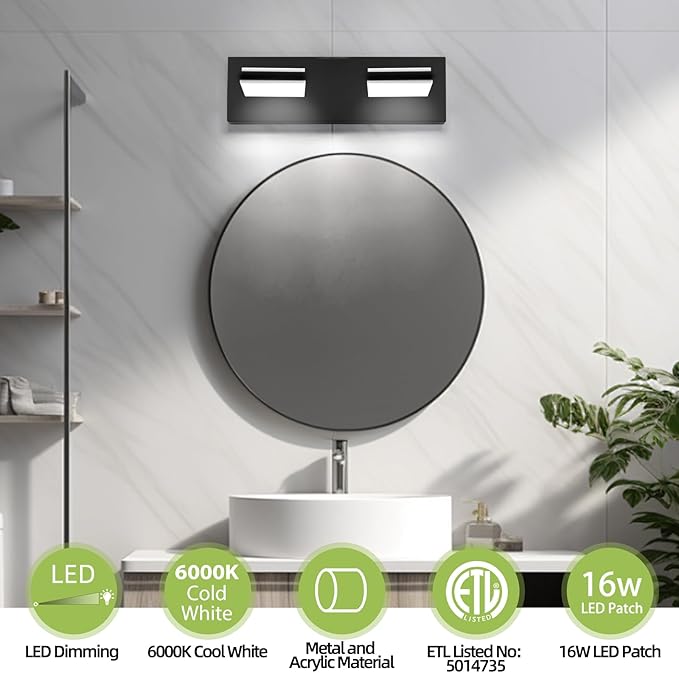 OKELI 2 Light Black Bathroom Vanity Light Over Mirror Modern LED Dimmable Bathroom Light Fixture Black 350° Rotatable Lamp Head 16W 6000K Cold White ETL Listed