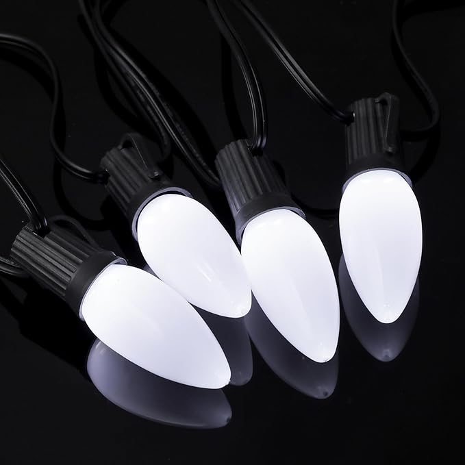 25-Pack Ceramic C9 LED Christmas Light Bulbs, Cool White LED Light Bulbs Holiday Decoration, Cool Christmas Decor for Indoor & Outdoor Use, E17/C9 Intermediate Base (Cool White Smooth)