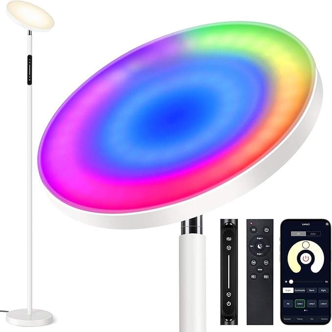 OUTON Smart RGB Floor Lamp, 36W LED Modern Torchiere Sky Lamp, Stepless Dimmable Standing Tall Lamp with APP, Remote and Touch Control, LED Lamps for Living Room, Bedroom, Gaming Room, Matte White