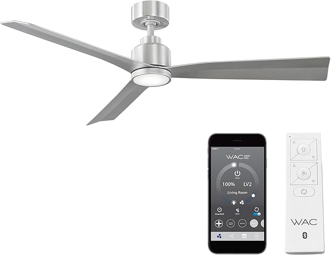 WAC Smart Fans Clean Indoor and Outdoor 3-Blade Ceiling Fan 54in Brushed Aluminum with 3000K LED Light Kit and Remote Control works with Alexa and iOS or Android App