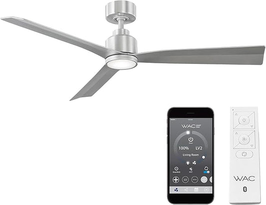 WAC Smart Fans Clean Indoor and Outdoor 3-Blade Ceiling Fan 54in Brushed Aluminum with 3000K LED Light Kit and Remote Control works with Alexa and iOS or Android App