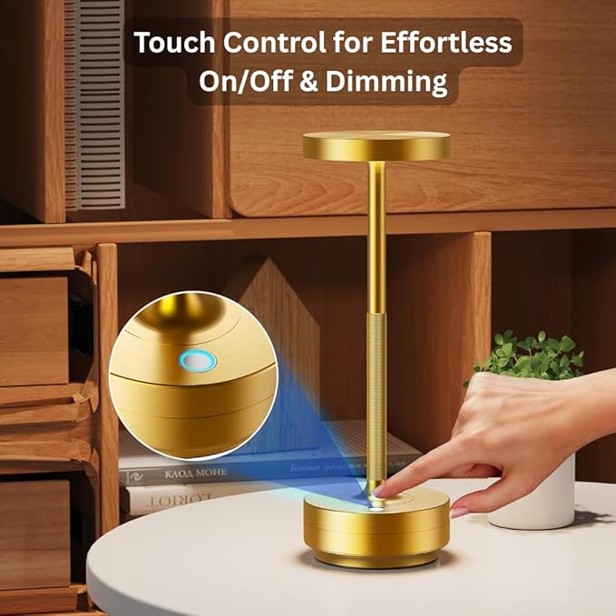 2-Pack Cordless Table Lamp Rechargeable, 5000mAh Battery Operated LED, Touch 3-Color Stepless Dimming, IP54 Waterproof Wireless Lamp for Bedroom Dining Restaurant Patio Outdoor – Gold