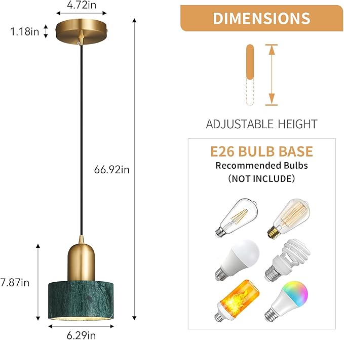 Natural Stone Pendant Lights Kitchen Island, Dark Green Brass Pendant Light Fixtures, Pendant lamp Marble Cylinder Shade Copper, for Bedroom Bathroom Dining Room Living Room(1-Pack)