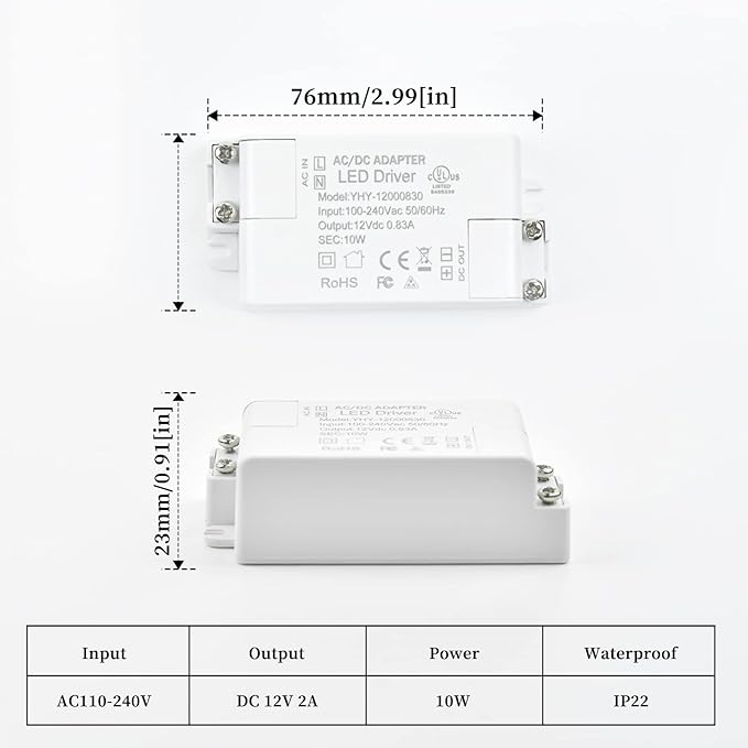 10W DC 12V LED Driver Transformer - 110V AC to 12V DC Constant Voltage Switching Converter - Waterproof IP22-2-Pack
