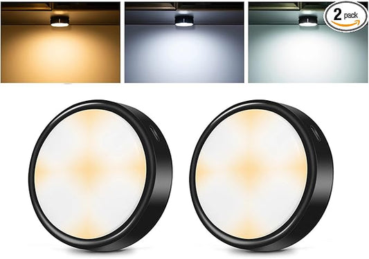 HOLKPOILOT Puck Lights with Remote, 2000mAh Battery Operated Rechargeable Under Cabinet Lighting, 3 Color Temps & 7 RGB Colors, Magnetic Closet Light, Black Wireless Puck Light for Kitchen, Shelf.