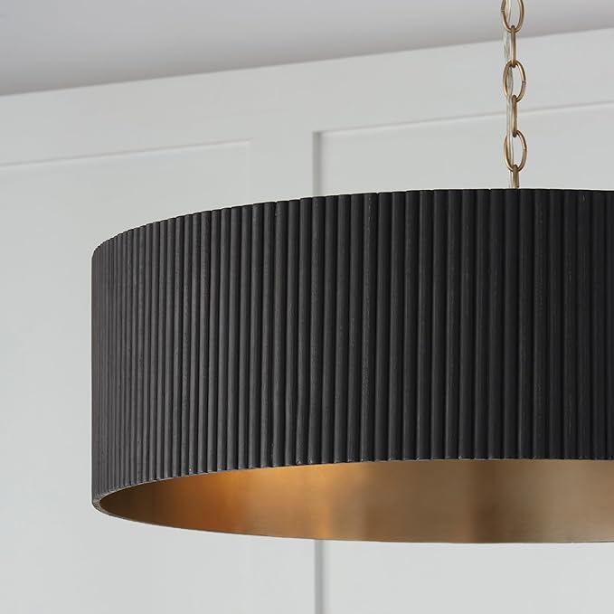 Capital Lighting 450741KR Donovan Mid-Century Modern Artisan Luxe Fluted Mango Wood Drum Chandelier, 4-Light 400 Total Watts, 11" H x 31" W, Black Stain and Matte Brass