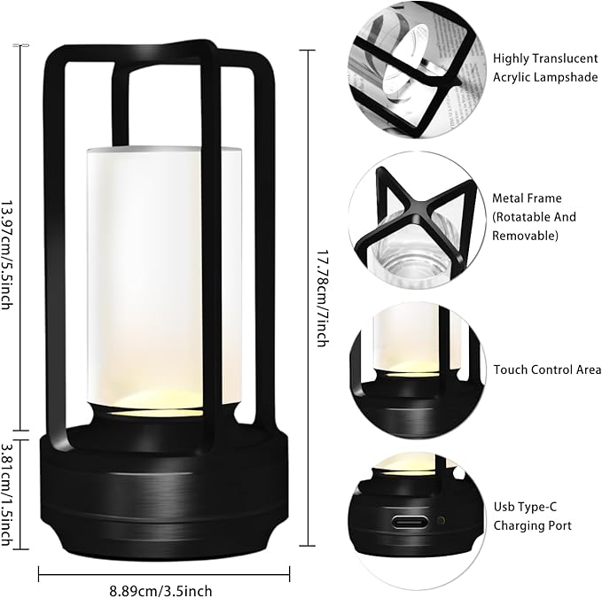 Cordless Rechargeable Table Lamps, Portable Lumisom Crystal Small Lantern Lamp with Touch Control & 3 Color Dimmable, 4000mAh Battery-Powered Klarako Crystal Desk Lanter (Black)