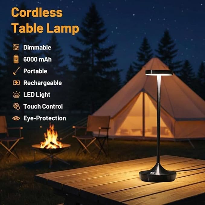 Cordless Table Lamp Rechargeable - 6000mAh LED Battery Operated Table Light - Portable Touch Dimmable Outdoor Waterproof Table Lamps for Patio Restaurant Dining (2 Black)