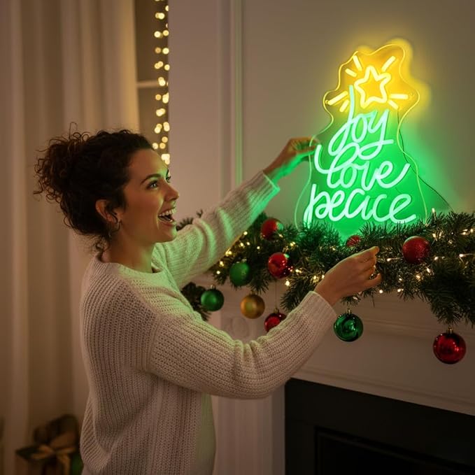 Christmas Tree Neon Sign, Xmas Trees Peace Love Joy Christmas Decoration, USB Powered Led Merry Christmas Neon Light Up Sign for Wall Decor, Xmas Led Sign for Home Holiday Gift New Year Party Backdrop