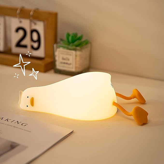 Cute Lying Flat Duck Night Light, 3 Level Dimmable Nursery Nightlight, Kawaii Lamps Squishy Silicone Light Up Duck, Rechargeable Touch Lamp, Best Gift for Kids Adults Room Decor