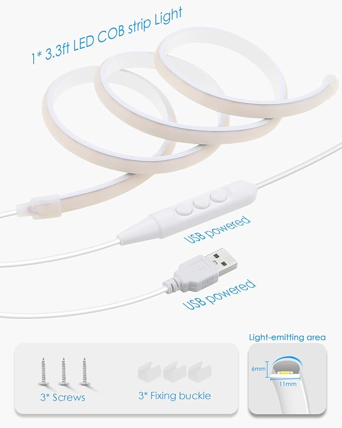 COB LED Strip Light 5V USB Powered 3.3FT/1M Dimmable LED Tape Light Warm White 3000K with Dimmer 320LEDs/M Flexible LED Rope Light Waterproof IP67 for Bedroom Cabinet DIY Indoor Decoration